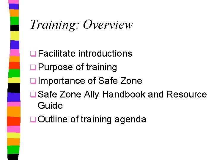 Training: Overview q Facilitate introductions q Purpose of training q Importance of Safe Zone