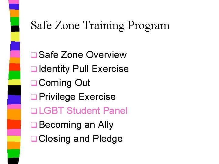 Safe Zone Training Program q Safe Zone Overview q Identity Pull Exercise q Coming