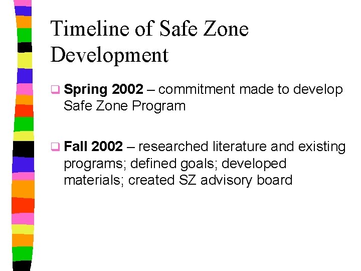 Timeline of Safe Zone Development q Spring 2002 – commitment made to develop Safe