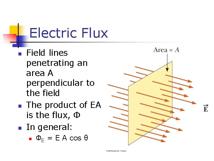 Electric Flux n n n Field lines penetrating an area A perpendicular to the