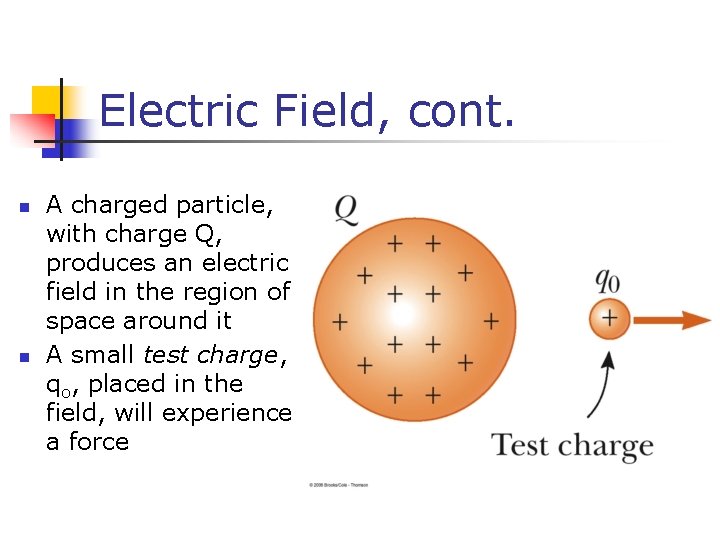 Electric Field, cont. n n A charged particle, with charge Q, produces an electric