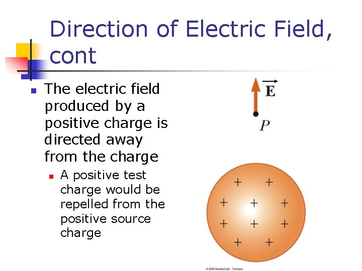 Direction of Electric Field, cont n The electric field produced by a positive charge