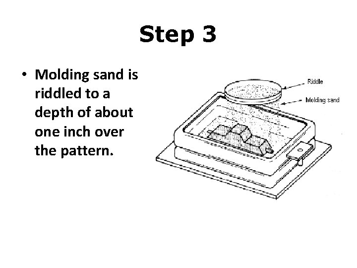 Step 3 • Molding sand is riddled to a depth of about one inch Step 3 • Molding sand is riddled to a depth of about one inch