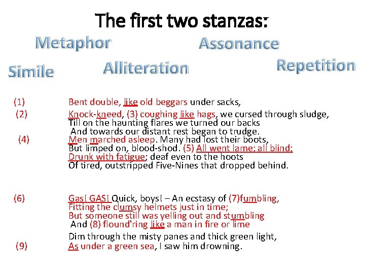 The first two stanzas: Metaphor Assonance Repetition Alliteration Simile (1) (2) (4) (6) (9)