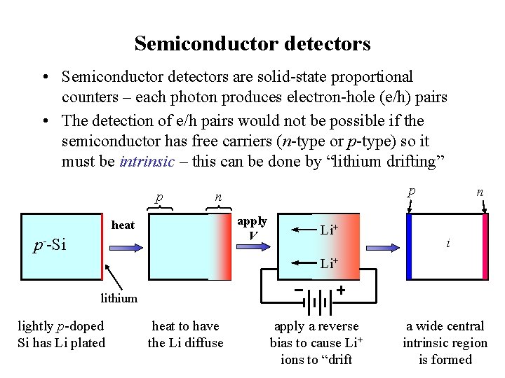 Semiconductor detectors • Semiconductor detectors are solid-state proportional counters – each photon produces electron-hole