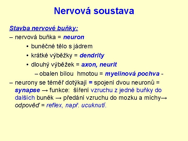 Nervová soustava Stavba nervové buňky: – nervová buňka = neuron • buněčné tělo s