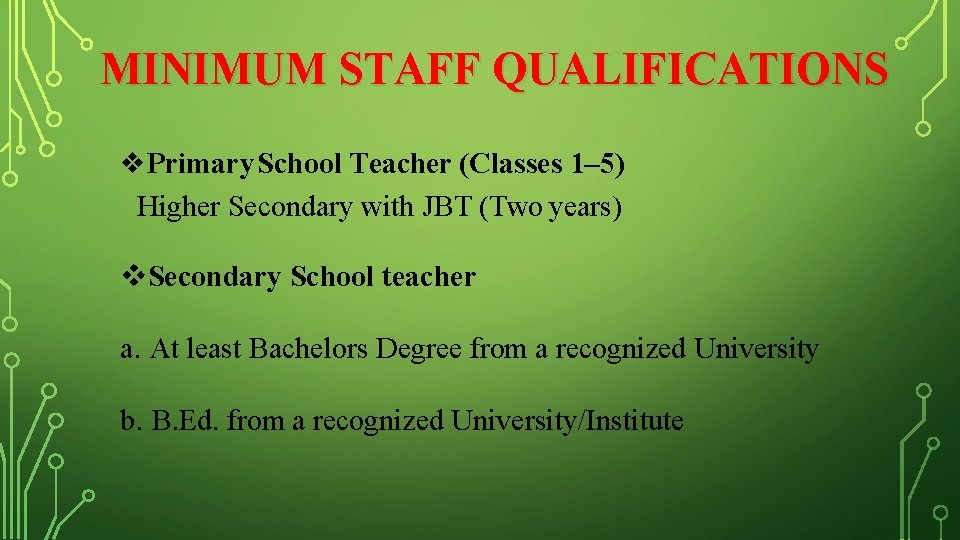 MINIMUM STAFF QUALIFICATIONS Primary. School Teacher (Classes 1– 5) Higher Secondary with JBT (Two