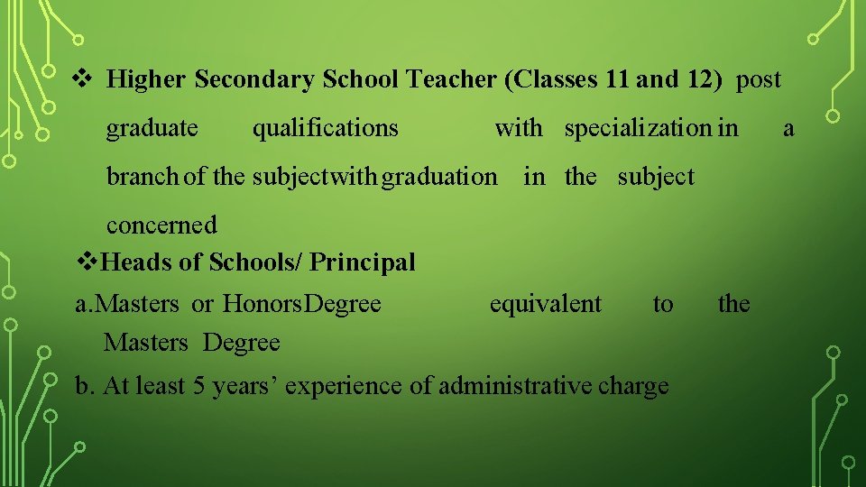  Higher Secondary School Teacher (Classes 11 and 12) post graduate qualifications with specialization