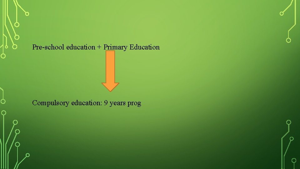 Pre-school education + Primary Education Compulsory education: 9 years prog 