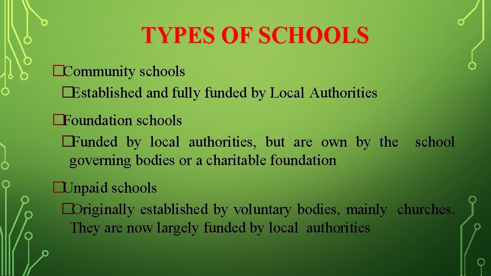 TYPES OF SCHOOLS �Community schools �Established and fully funded by Local Authorities �Foundation schools