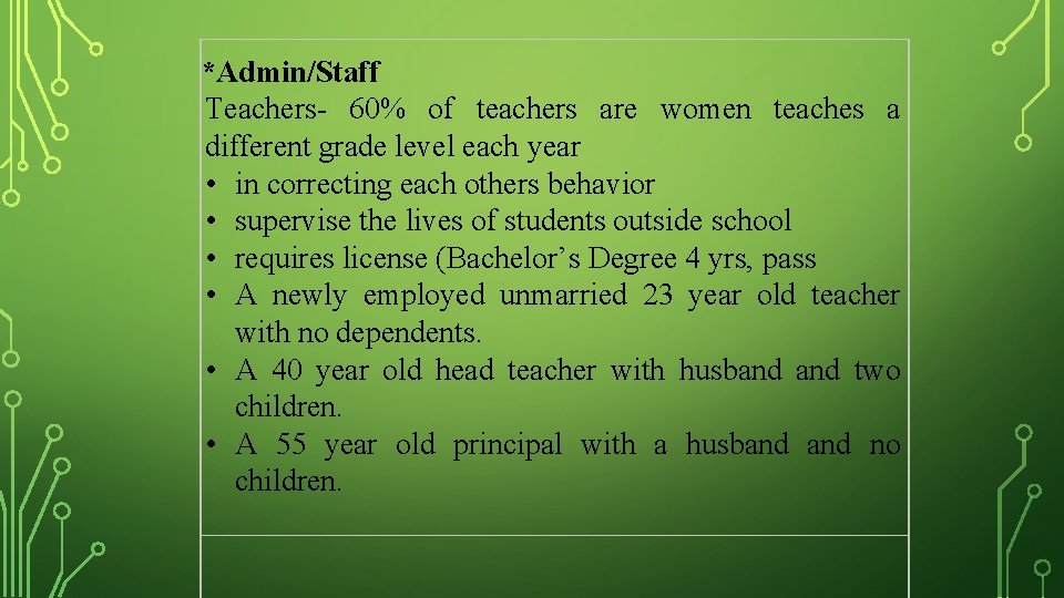 *Admin/Staff Teachers- 60% of teachers are women teaches a different grade level each year