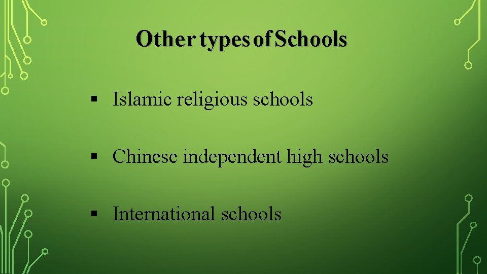Other types of Schools Islamic religious schools Chinese independent high schools International schools 