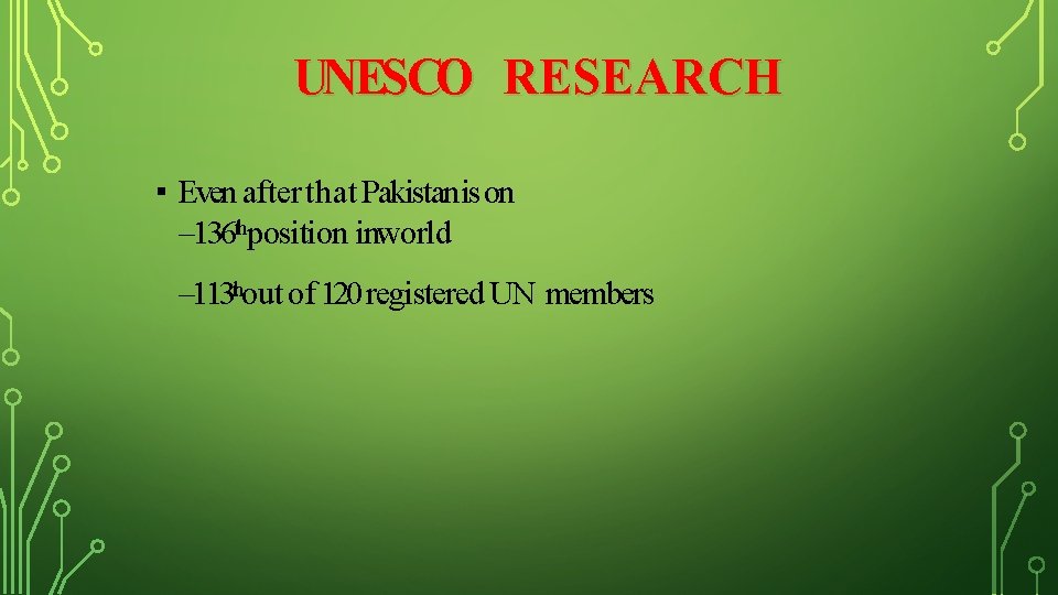 UNESCO RESEARCH ▪ Even after that Pakistan is on – 136 thposition inworld –