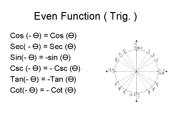 Even Function ( Trig. ) Cos (- Ɵ) = Cos (Ɵ) Sec( - Ɵ)