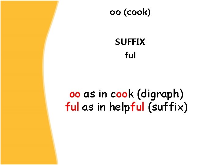 oo (cook) SUFFIX ful oo as in cook (digraph) ful as in helpful (suffix)