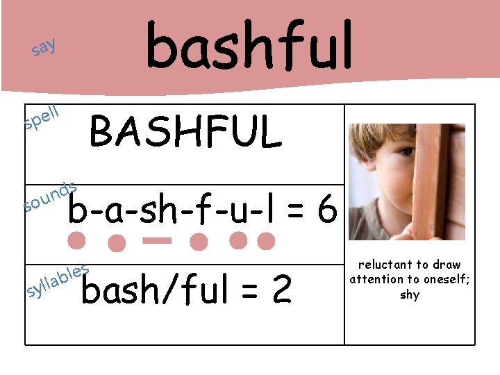 bashful say ll e p s BASHFUL s d n sou b-a-sh-f-u-l = 6