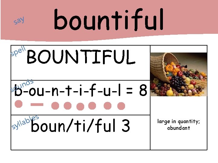 bountiful say ll e p s BOUNTIFUL s d n sou b-ou-n-t-i-f-u-l = 8