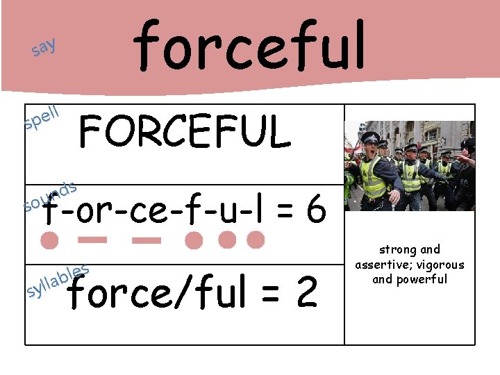 forceful say ll e p s FORCEFUL s d n sou f-or-ce-f-u-l = 6