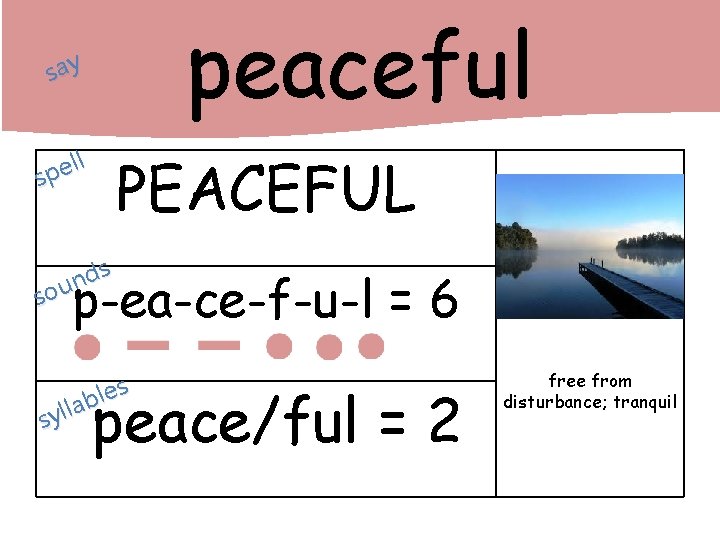 peaceful say ll e p s PEACEFUL s d n sou p-ea-ce-f-u-l = 6