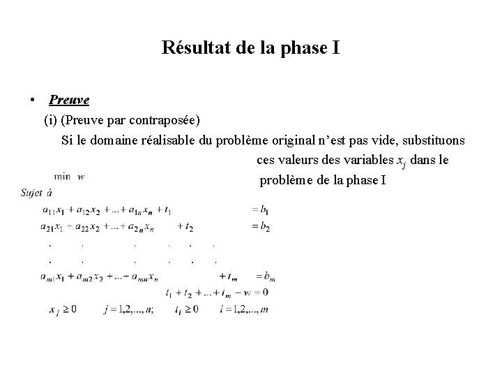 Résultat de la phase I • Preuve (i) (Preuve par contraposée) Si le domaine