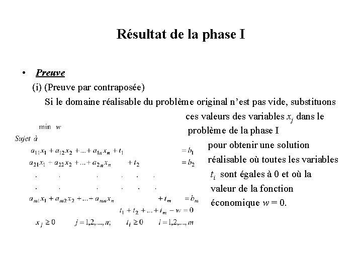 Résultat de la phase I • Preuve (i) (Preuve par contraposée) Si le domaine