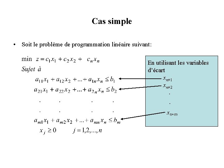 Cas simple • Soit le problème de programmation linéaire suivant: En utilisant les variables