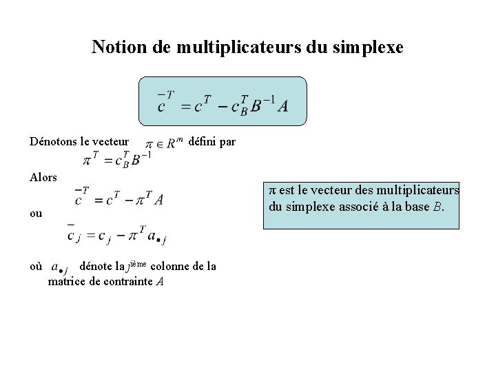 Notion de multiplicateurs du simplexe Dénotons le vecteur défini par Alors ou où dénote