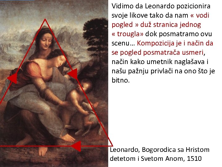 Vidimo da Leonardo pozicionira svoje likove tako da nam « vodi pogled » duž