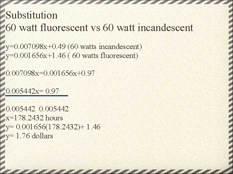 Substitution 60 watt fluorescent vs 60 watt incandescent y=0. 007098 x+0. 49 (60 watts