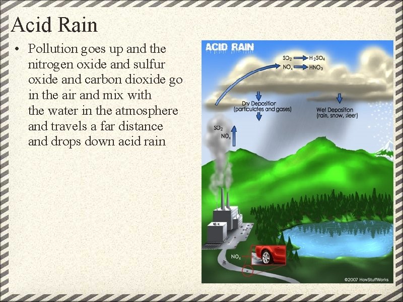 Acid Rain • Pollution goes up and the nitrogen oxide and sulfur oxide and