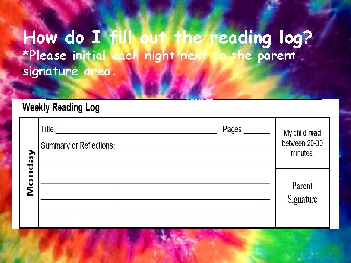 How do I fill out the reading log? *Please initial each night next to