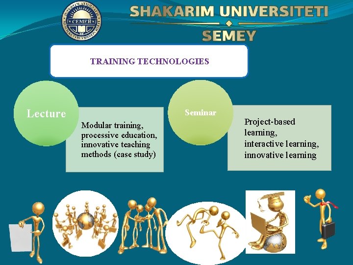 TRAINING TECHNOLOGIES Lecture Seminar Modular training, processive education, innovative teaching methods (case study) Project-based