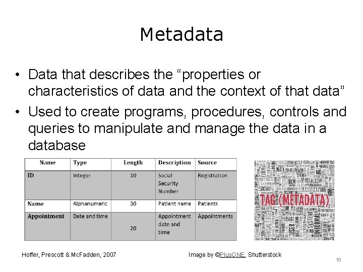 Metadata • Data that describes the “properties or characteristics of data and the context