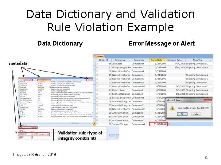 Data Dictionary and Validation Rule Violation Example Data Dictionary Images by K Brandt, 2016