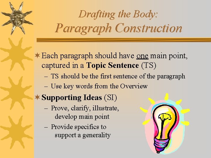 Drafting the Body: Paragraph Construction ¬ Each paragraph should have one main point, captured