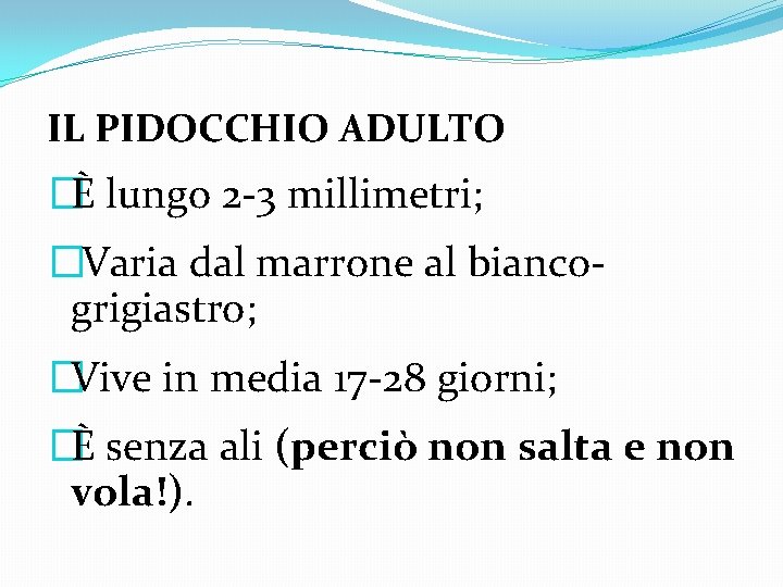 IL PIDOCCHIO ADULTO �È lungo 2 -3 millimetri; �Varia dal marrone al biancogrigiastro; �Vive