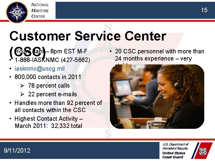 NATIONAL MARITIME CENTER 15 Customer Service Center • (CSC) Hours 8 am – 8