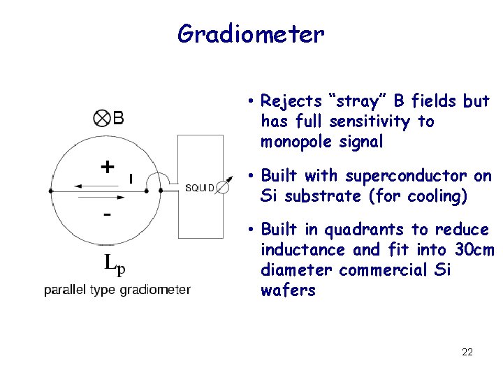 Gradiometer • Rejects “stray” B fields but has full sensitivity to monopole signal •