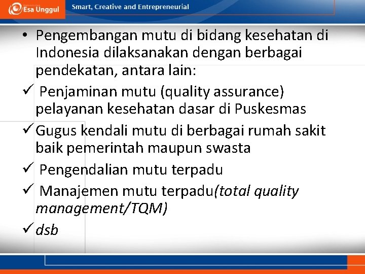  • Pengembangan mutu di bidang kesehatan di Indonesia dilaksanakan dengan berbagai pendekatan, antara