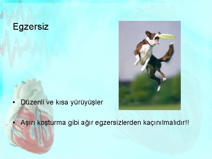 Egzersiz • Düzenli ve kısa yürüyüşler • Aşırı koşturma gibi ağır egzersizlerden kaçınılmalıdır!! 