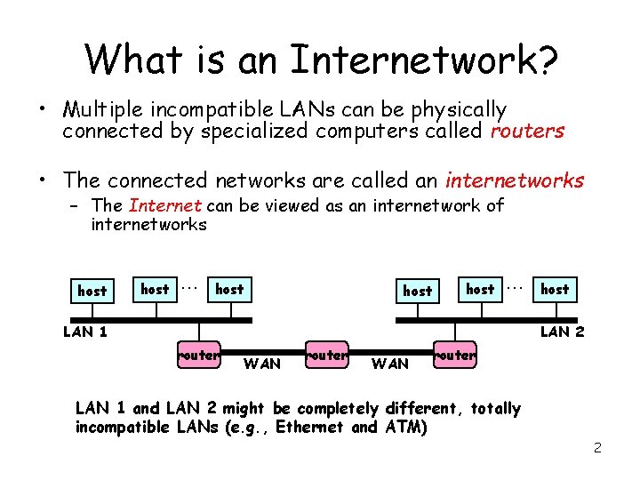 What is an Internetwork? • Multiple incompatible LANs can be physically connected by specialized