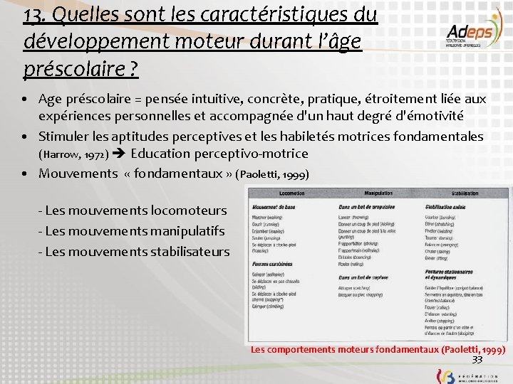 13. Quelles sont les caractéristiques du développement moteur durant l’âge préscolaire ? • Age 13. Quelles sont les caractéristiques du développement moteur durant l’âge préscolaire ? • Age