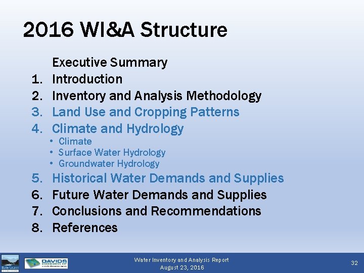 2016 WI&A Structure 1. 2. 3. 4. 5. 6. 7. 8. Executive Summary Introduction