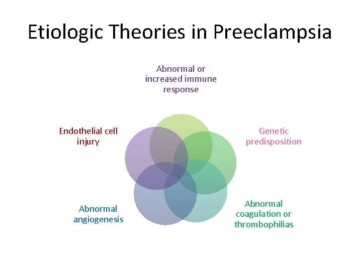 Etiologic Theories in Preeclampsia Abnormal or increased immune response Endothelial cell injury Abnormal angiogenesis