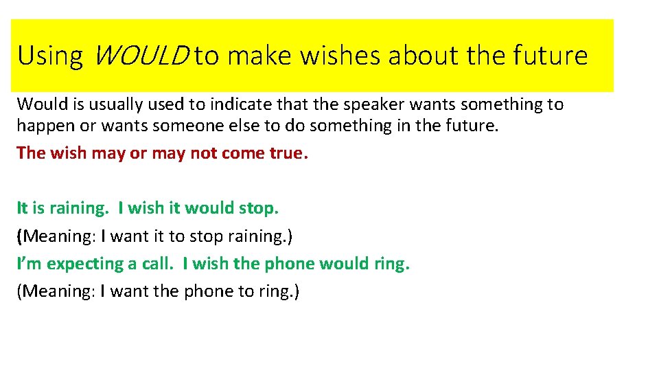 Using WOULD to make wishes about the future Would is usually used to indicate