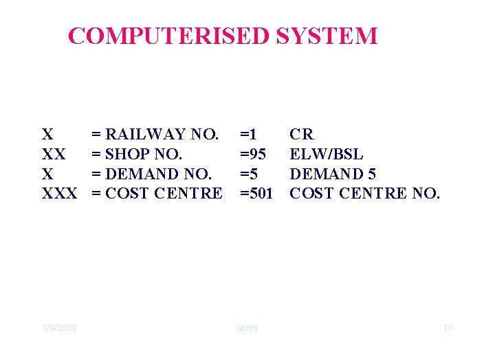 COMPUTERISED SYSTEM X XXX 1/9/2022 = RAILWAY NO. = SHOP NO. = DEMAND NO.