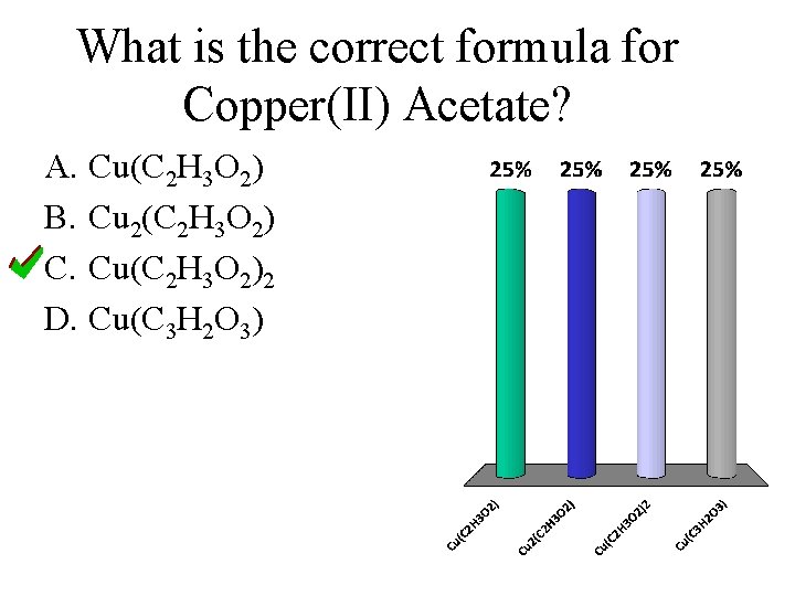 What is the correct formula for Copper(II) Acetate? A. Cu(C 2 H 3 O