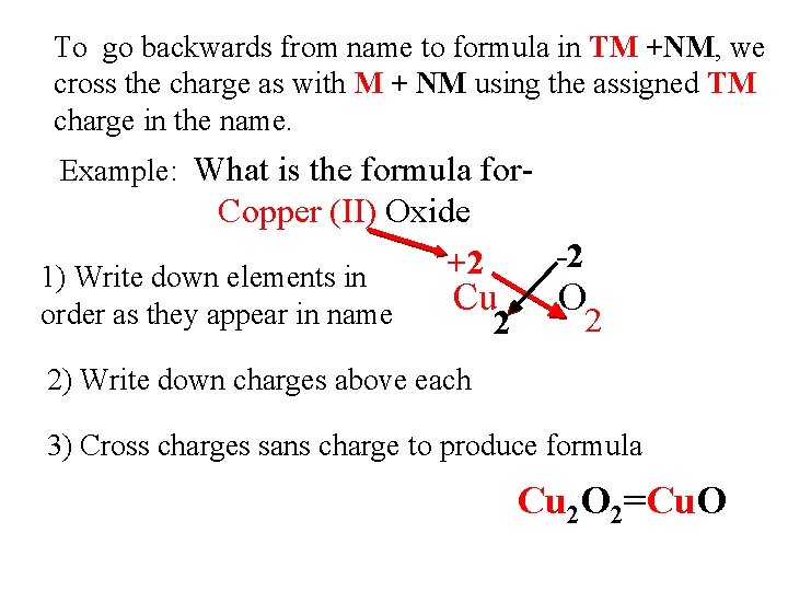 To go backwards from name to formula in TM +NM, we cross the charge