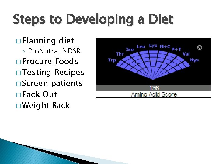 Steps to Developing a Diet � Planning diet ◦ Pro. Nutra, NDSR � Procure