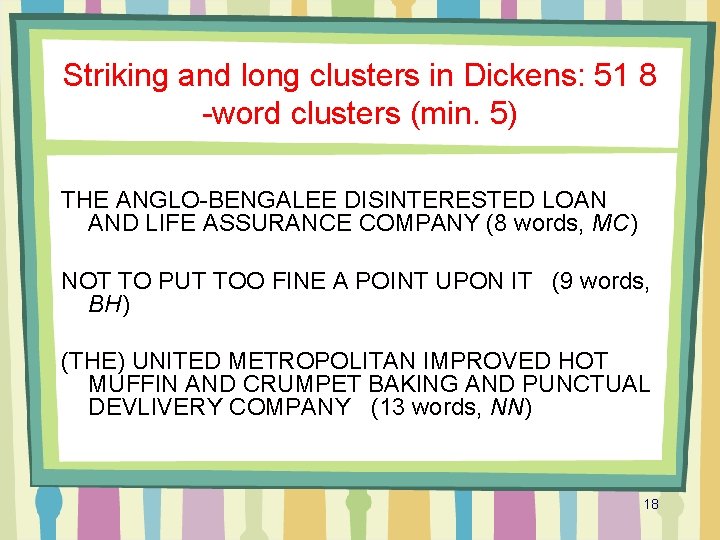 Striking and long clusters in Dickens: 51 8 -word clusters (min. 5) THE ANGLO-BENGALEE